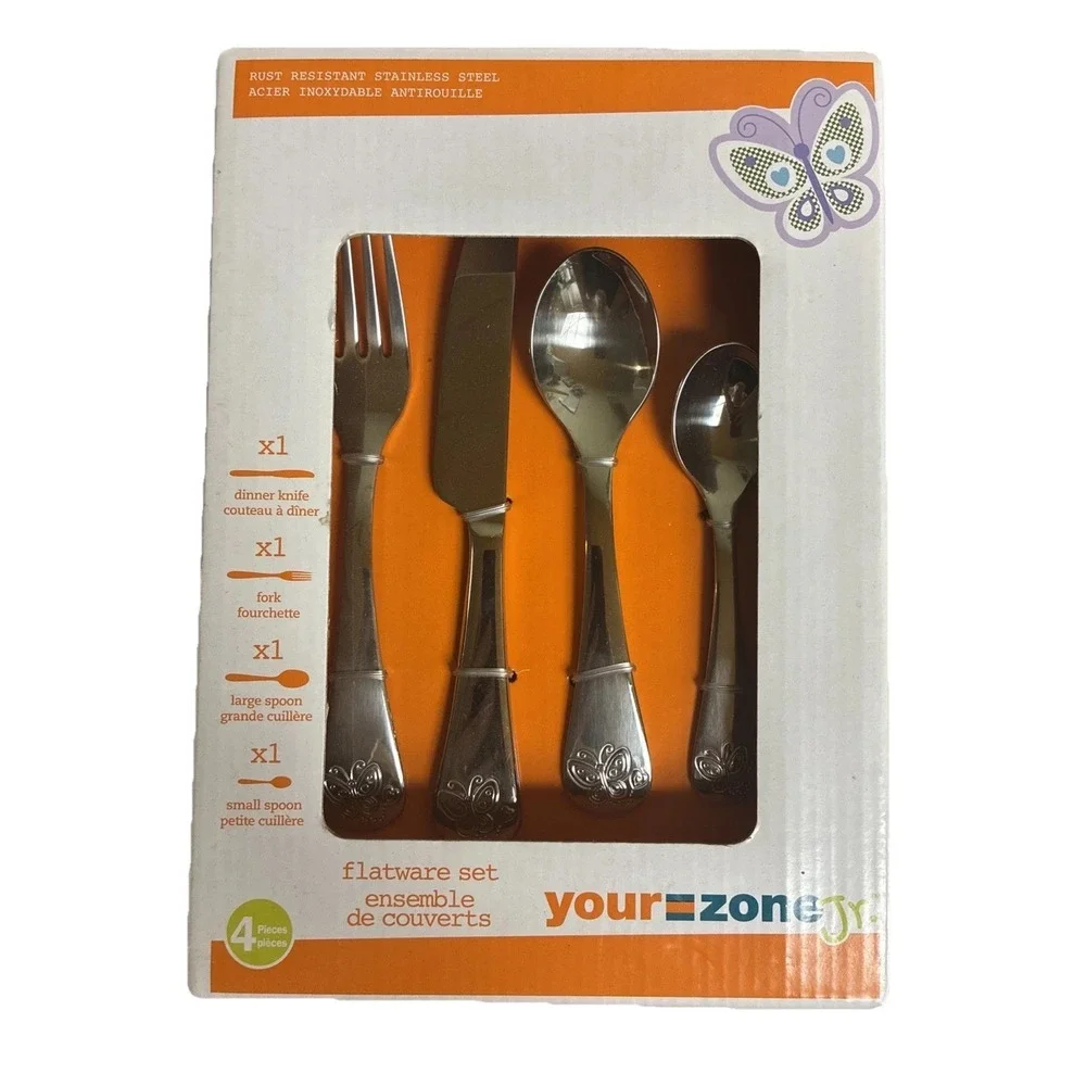 Your Zone Jr Kids Flatware Set Butterfly Stainless Steel 4 Pc NEW